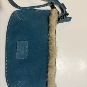 UGG Blue Suede Clutch with Cream Fur Accent